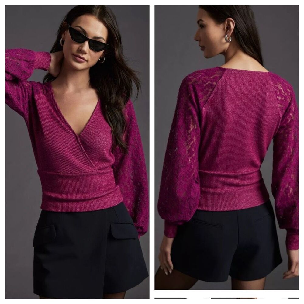By Anthropologie Lace‎ Sleeve V-Neck Cropped Sweater Pullover Top XXS